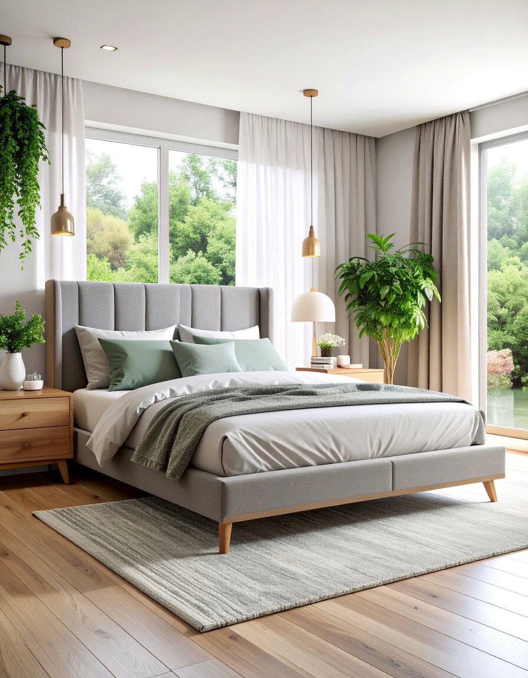 Grey Fabric Headboard with Sage Green Nature Theme - 25 Grey Headboard Bedroom Ideas