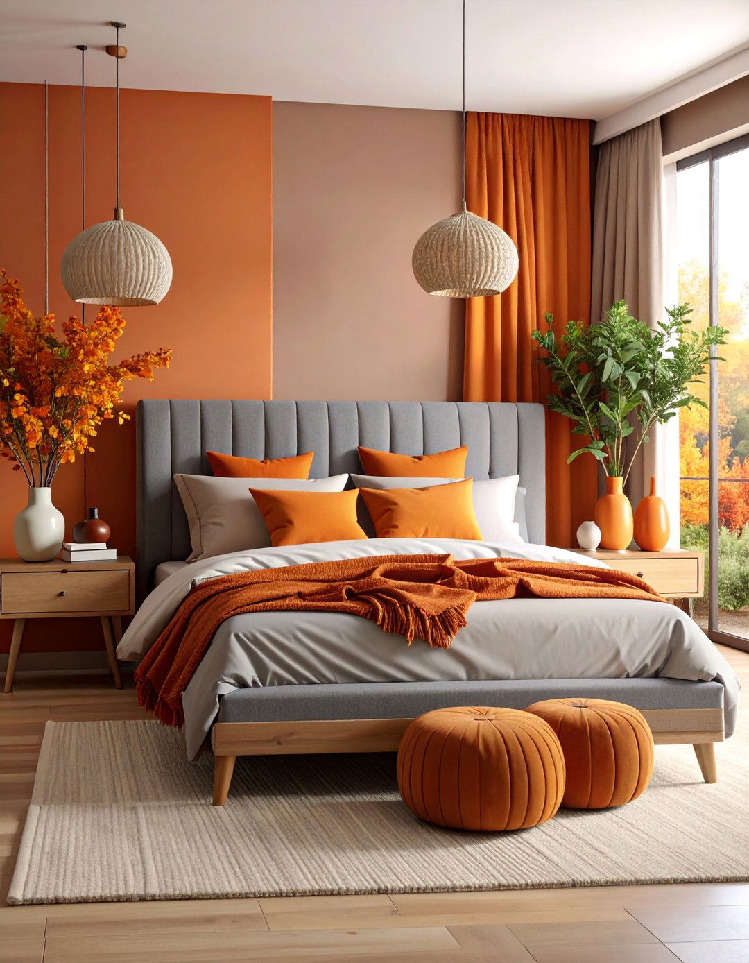 Grey Fabric Headboard with Terracotta Earth Tones - 25 Grey Headboard Bedroom Ideas