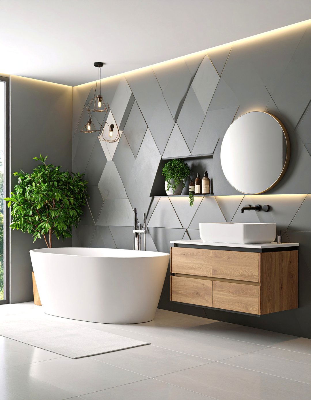 Grey Geometric Pattern Feature Wall - 25 Grey Tile Bathroom Ideas