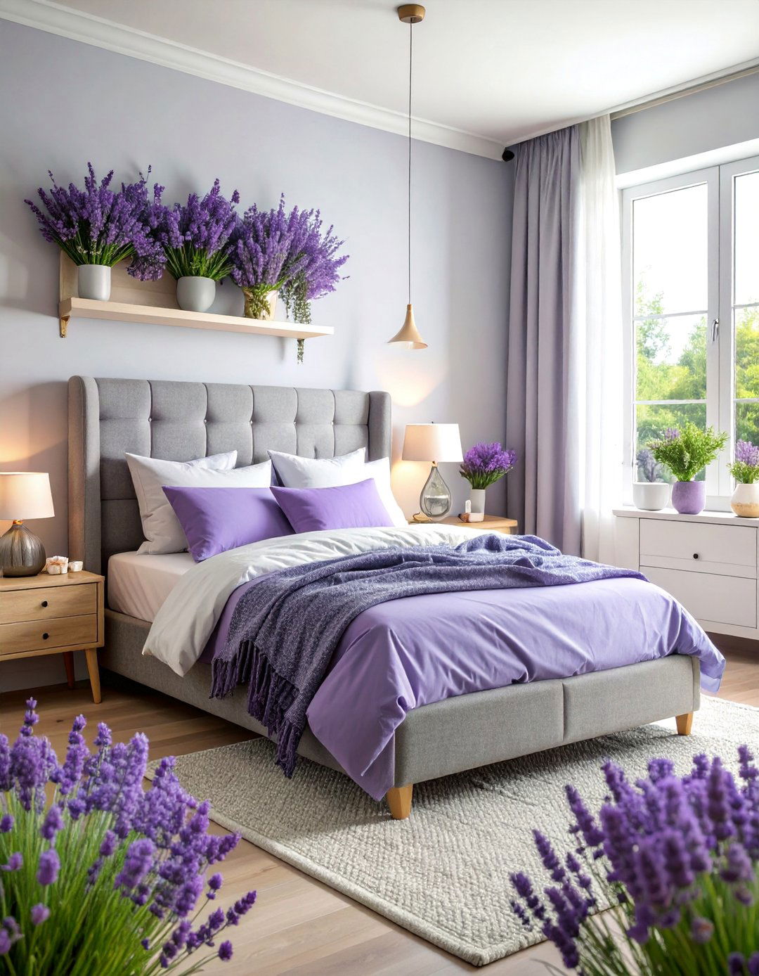 Grey Linen Headboard with Lavender Purple Relaxation Theme - 25 Grey Headboard Bedroom Ideas