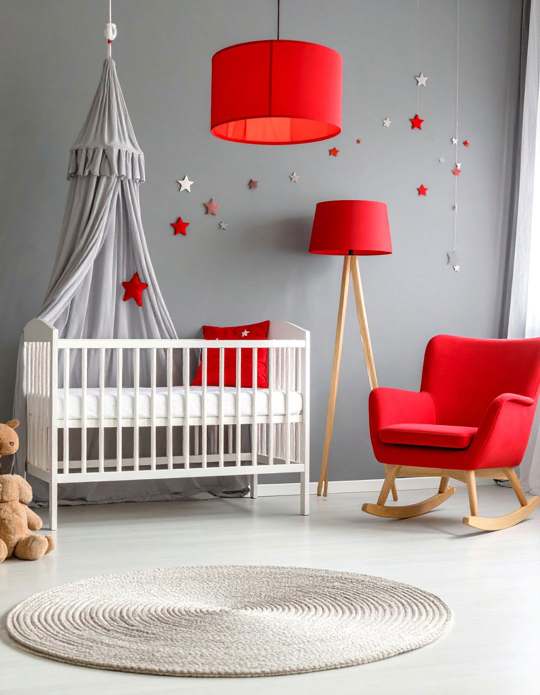 Grey Nursery with Unexpected Red Accents - 25 Grey Nursery Ideas