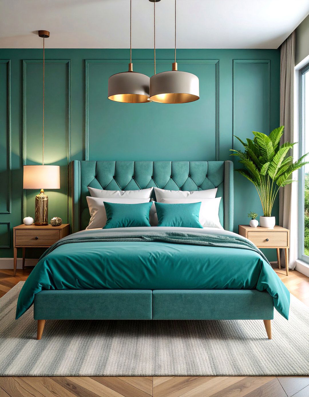 Grey Panel Bed with Teal Lighting Accents - 25 Teal and Grey Bedroom Ideas