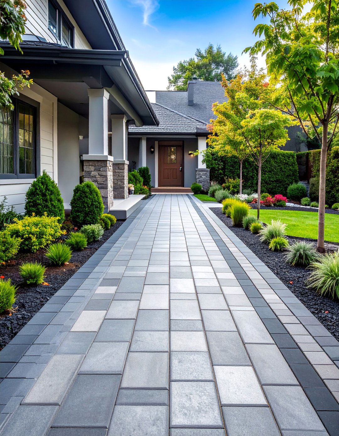 Grey Paver Walkway with Charcoal Border Design - 25 Grey Paver Walkway Ideas
