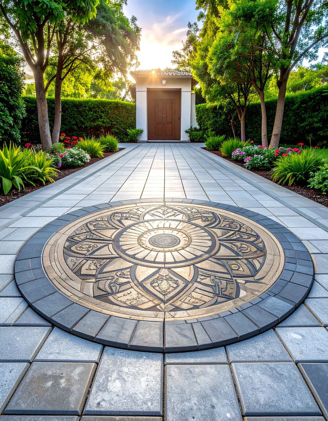 Grey Paver Walkway with Decorative Medallion Centerpiece - 25 Grey Paver Walkway Ideas