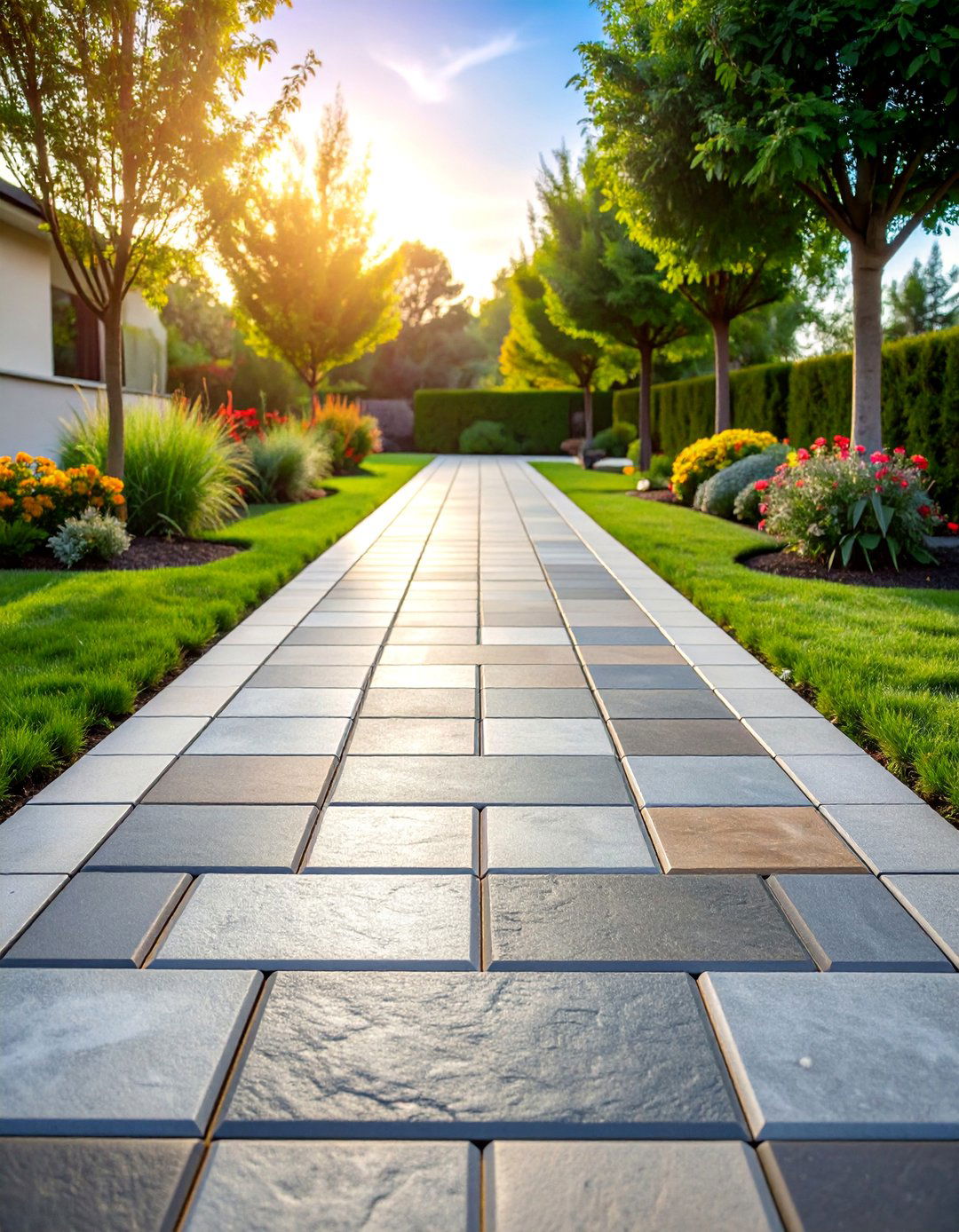 Grey Paver Walkway with Mixed Texture Combinations - 25 Grey Paver Walkway Ideas