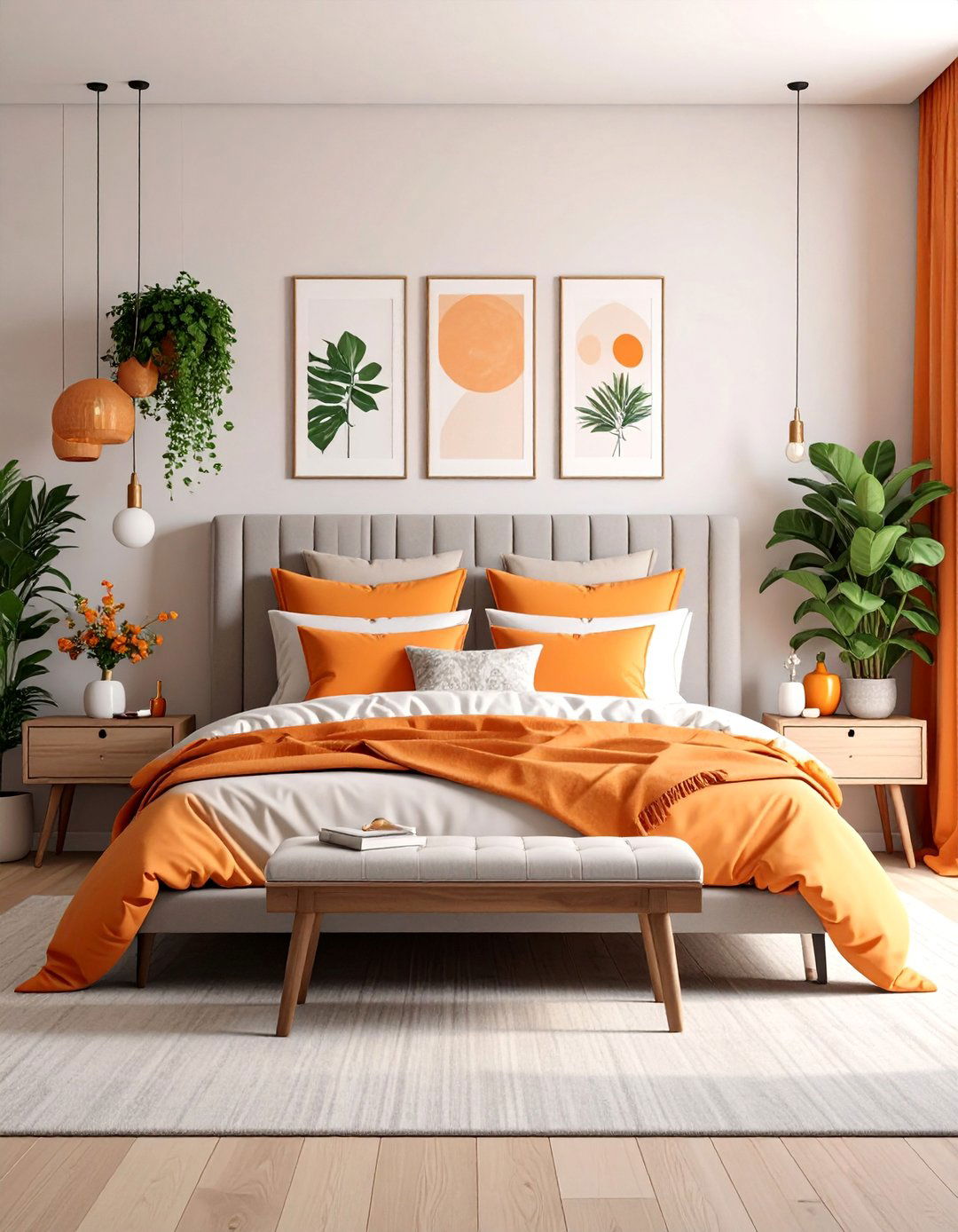 Grey Platform Headboard with Orange Modern Pop Accents - 25 Grey Headboard Bedroom Ideas
