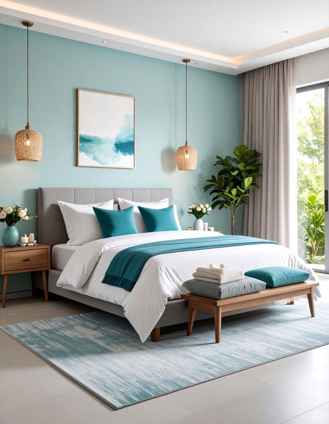 Grey Platform Headboard with Teal and White Spa Theme - 25 Grey Headboard Bedroom Ideas