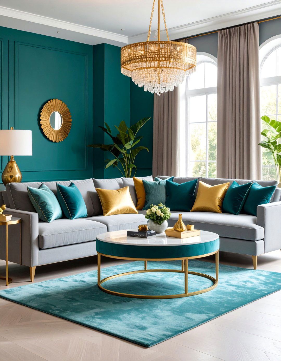 Grey Sectional with Teal and Gold Accents - 25 Grey Sectional Living Room Ideas