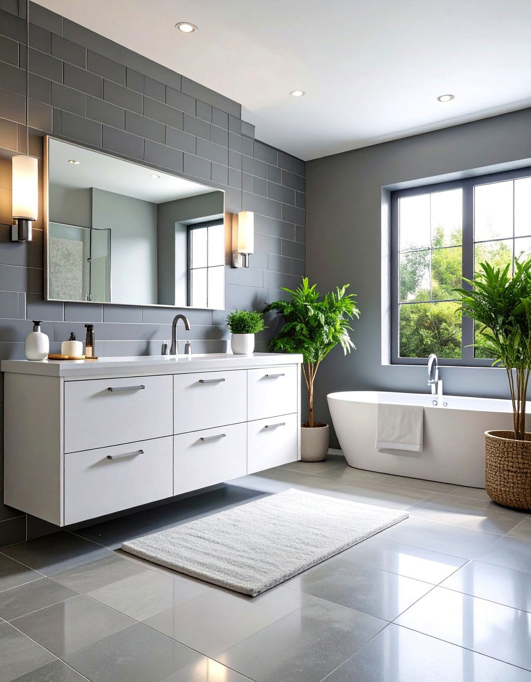 Grey Subway Tile with Floating Vanity - 25 Grey Tile Bathroom Ideas