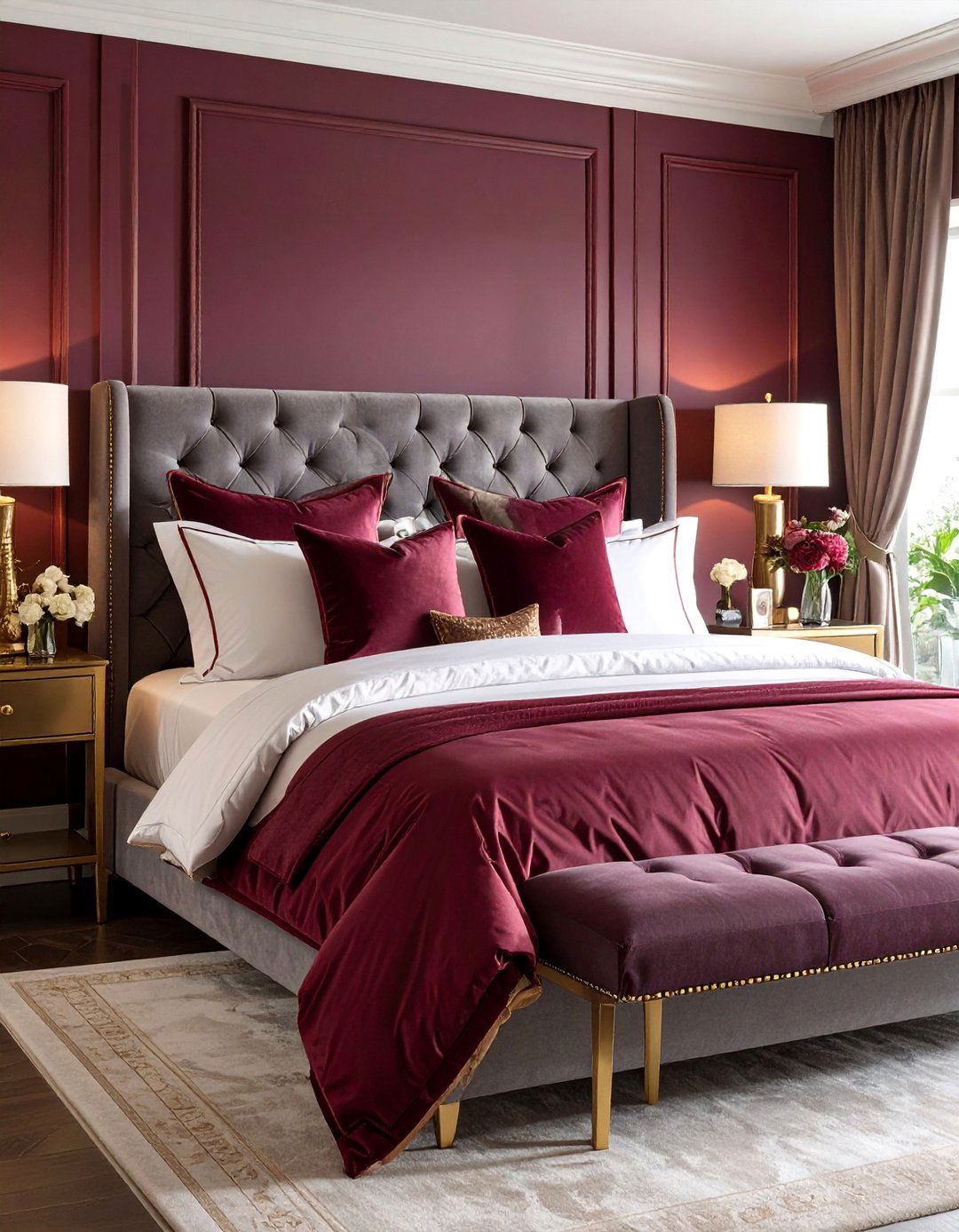 Grey Suede Headboard with Burgundy Wine Accents - 25 Grey Headboard Bedroom Ideas