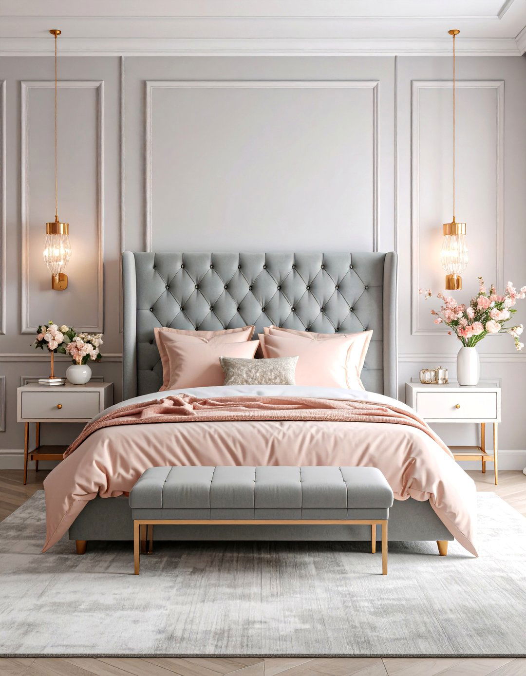 Grey Tufted Headboard with Rose Gold Metallic Elegance - 25 Grey Headboard Bedroom Ideas