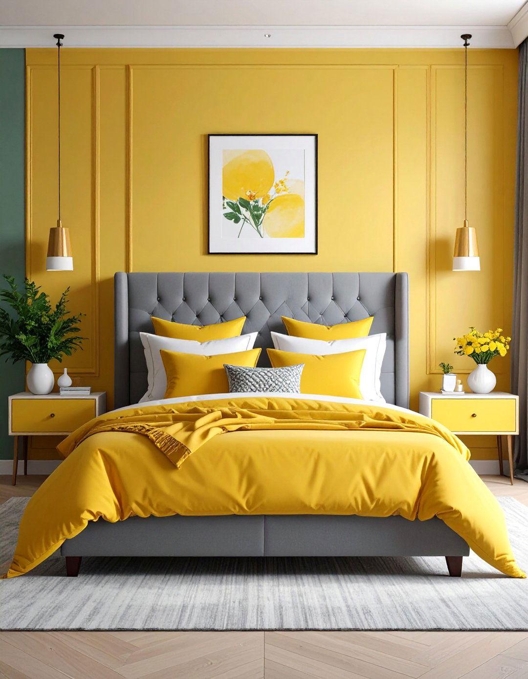 Grey Tufted Headboard with Yellow Sunshine Accents - 25 Grey Headboard Bedroom Ideas