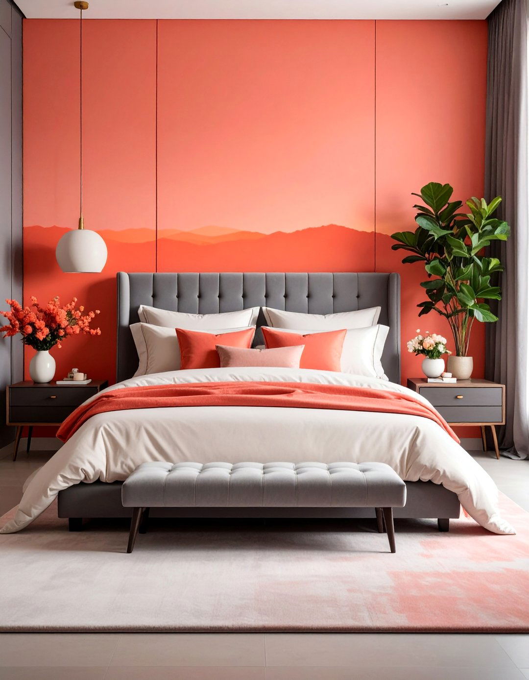 Grey Velvet Headboard with Coral and Cream Warm Sunset Theme - 25 Grey Headboard Bedroom Ideas