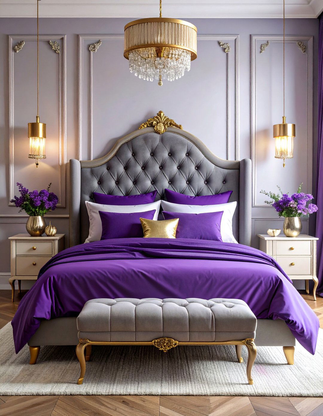 Grey Velvet Headboard with Purple Jewel Tone Accents - 25 Grey Headboard Bedroom Ideas