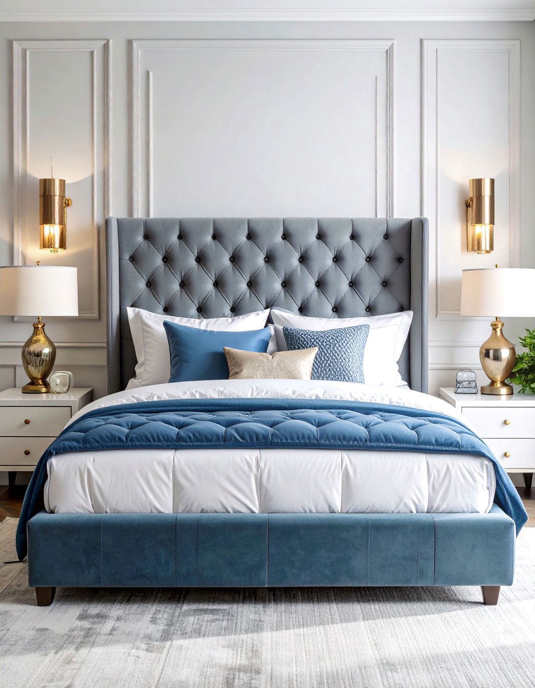 Grey Velvet Tufted Headboard with White Linens - 25 Grey Headboard Bedroom Ideas