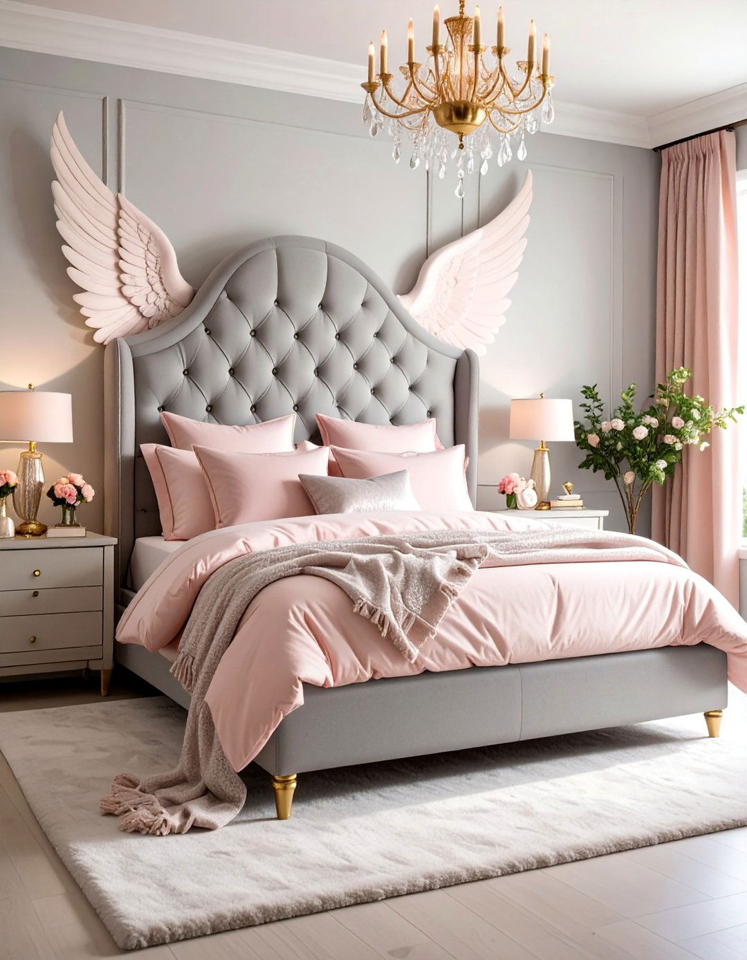 Grey Wingback Headboard with Blush Pink Accents - 25 Grey Headboard Bedroom Ideas