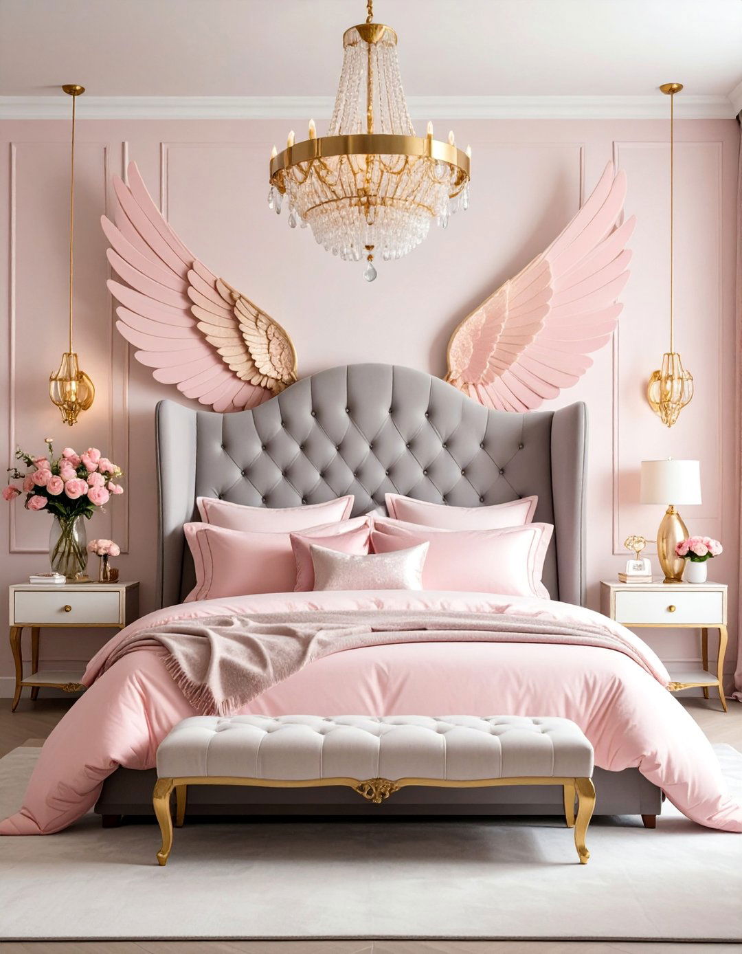 Grey Wingback Headboard with Pink and Gold Feminine Glam - 25 Grey Headboard Bedroom Ideas