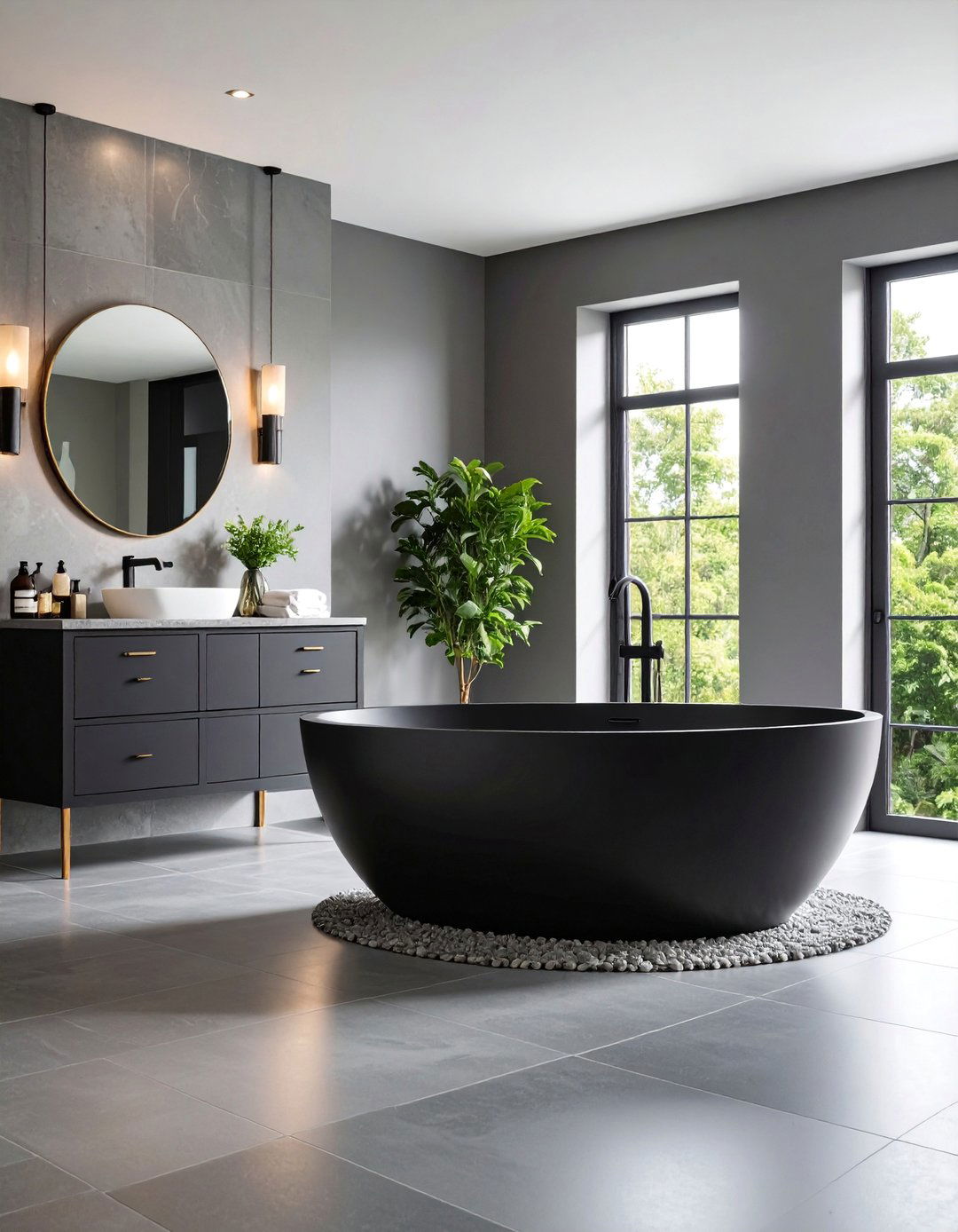 Grey and Black Freestanding Tub Bathroom - 25 Black and Grey Bathroom Ideas