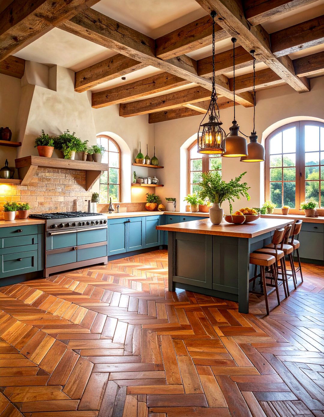 Hacienda Style Terracotta Kitchen Floor with Heavy Timber Beams - 25 Terracotta Kitchen Floor Ideas