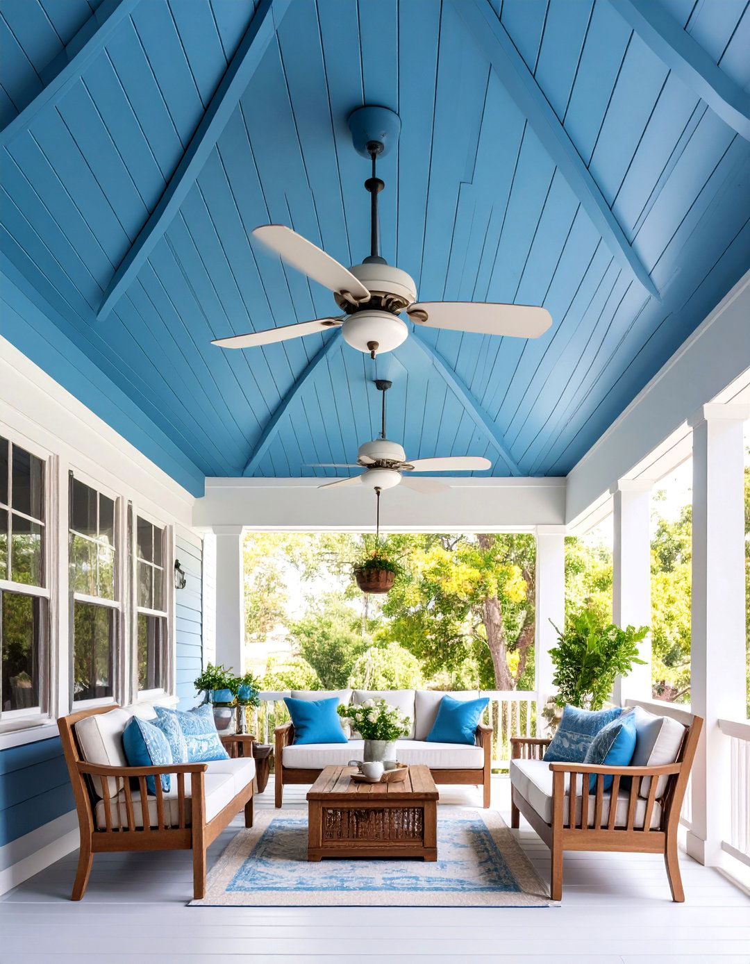 Haint Blue Ceiling Porch with Ceiling Fans - 25 Southern Front Porch Ideas