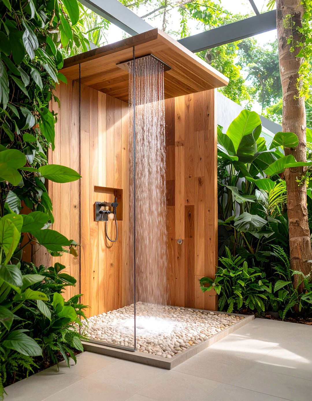Half Wall Shower with Natural Wood and Live Edge Details - 25 Half-wall Shower Ideas