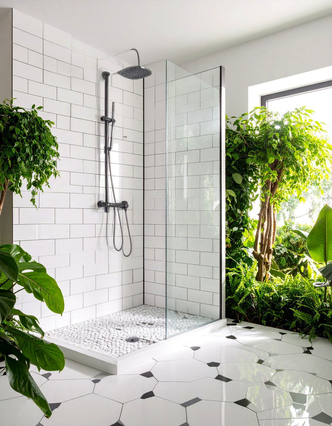 Half Wall Shower with Vintage Subway Tile and Hexagon Floor - 25 Half-wall Shower Ideas