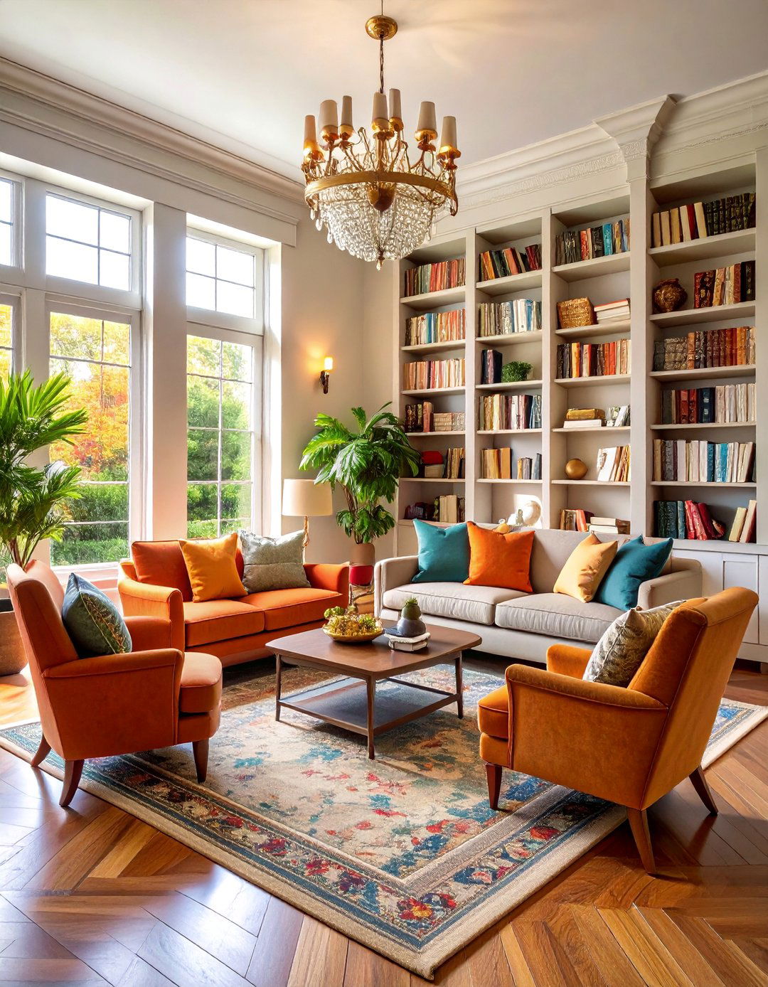 Hamptons Living Room with Built in Bookcases - 25 Hamptons Living Room Ideas