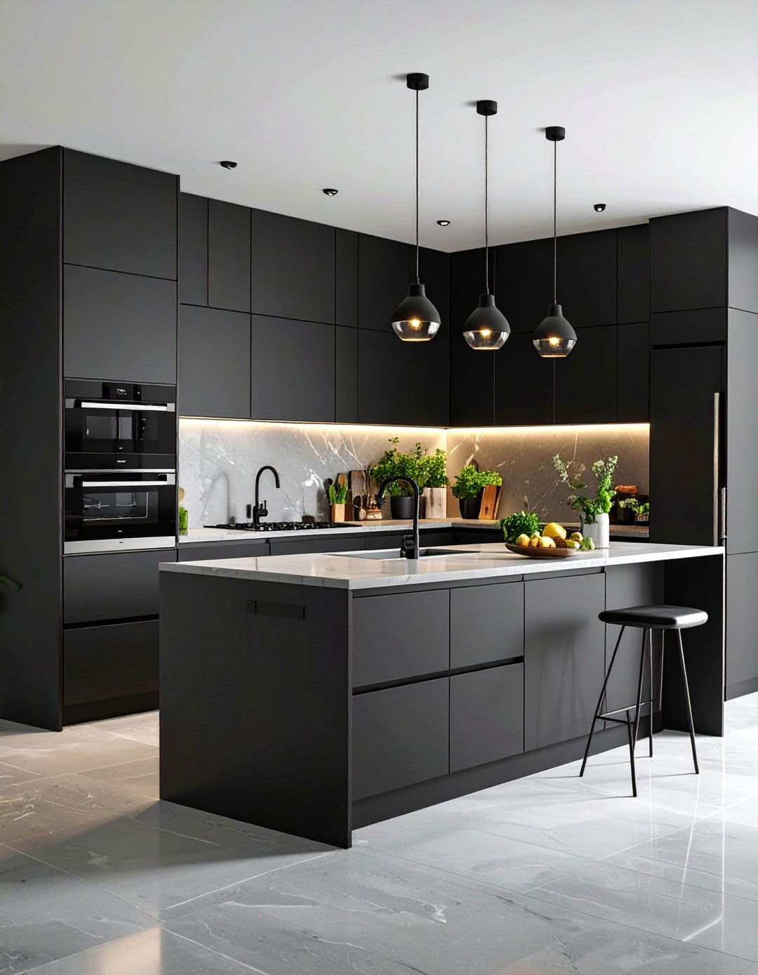 Handleless Black Kitchen with Push to Open Mechanisms - 25 Black Kitchen Cabinet Ideas