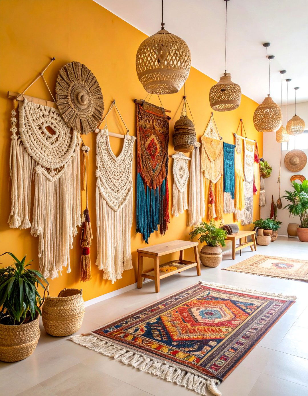 Handwoven Textile Gallery Wall with Earth Tones - 25 Bohemian Desert Decor Ideas