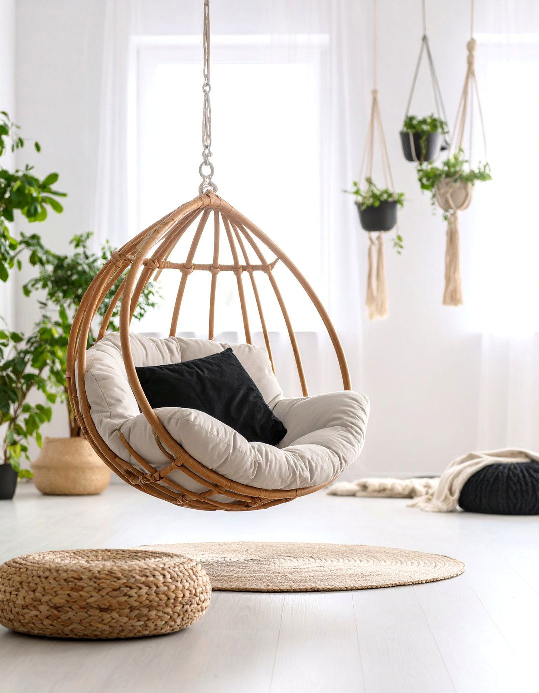 Hanging Chair Feature with Textile Layers - 25 Black and White Boho Living Room Ideas
