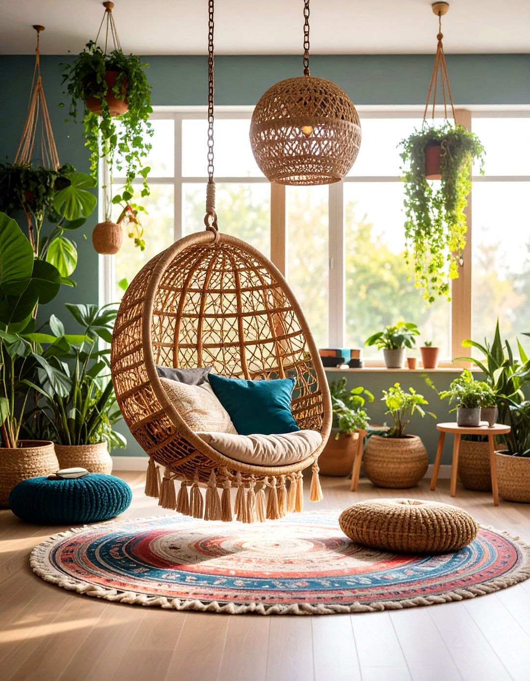 Hanging Chair as Focal Point - 25 Black Boho Living Room Ideas