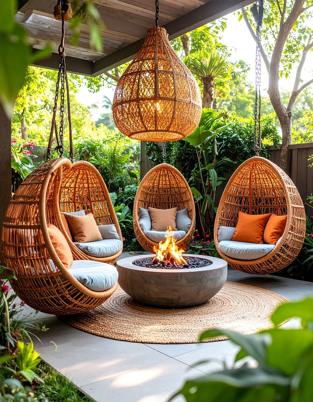 Hanging Egg Chairs with Cozy Cushion Pods - 25 Fire Pit Chair Ideas
