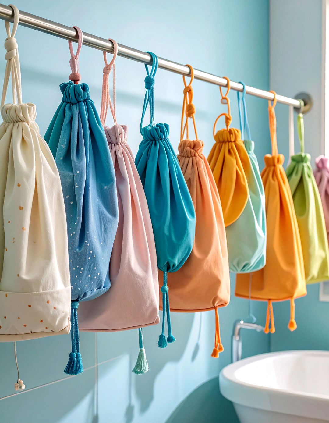 Hanging Fabric Storage Pouches with Ties - 25 Toilet Paper Storage Ideas