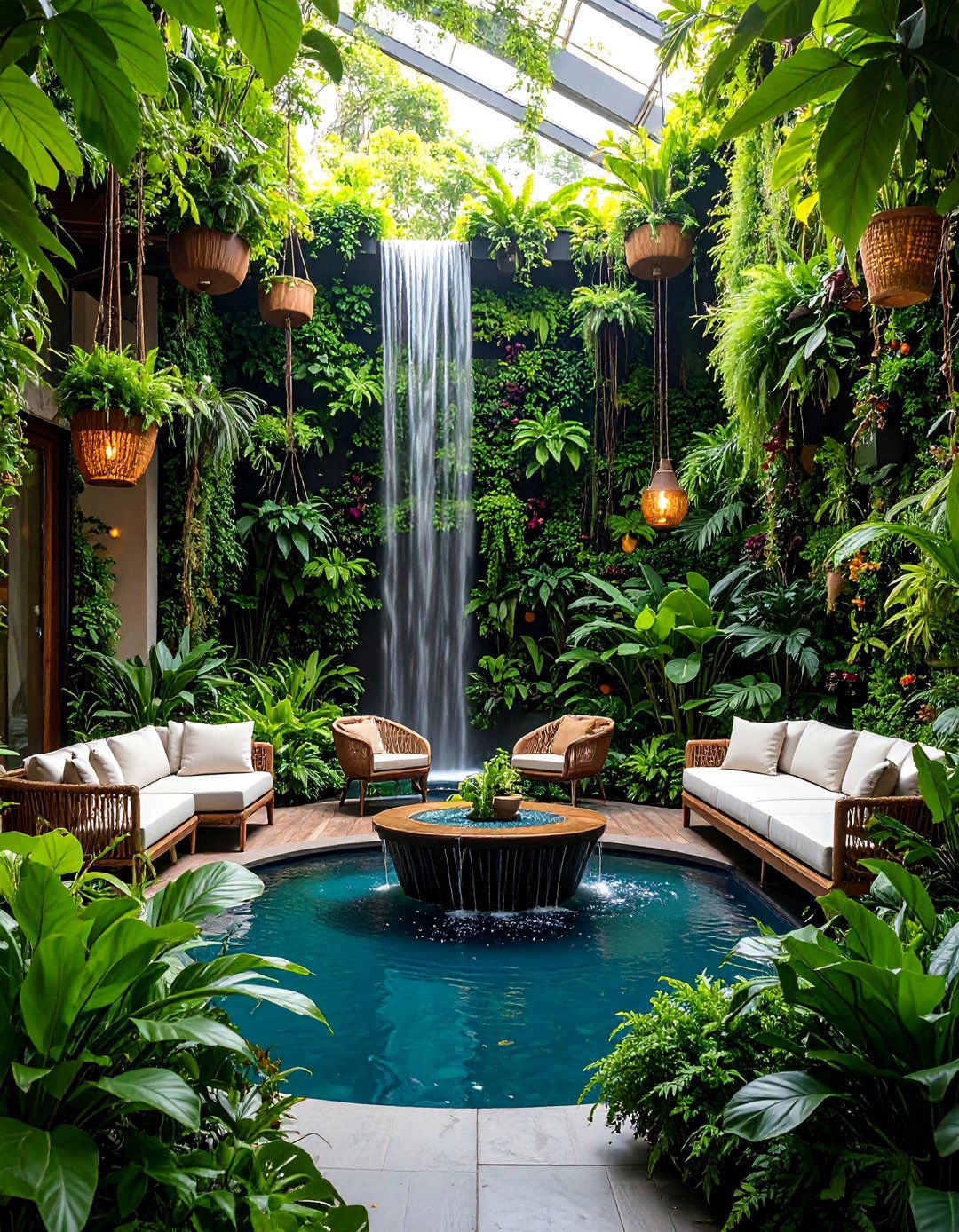 Hanging Garden Patio with Vertical Plant Walls - 25 Tropical Patio Ideas