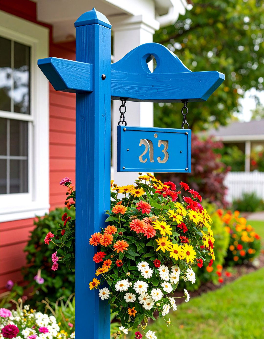 Hanging House Number Garden Post with Plants - 25 House Number Ideas