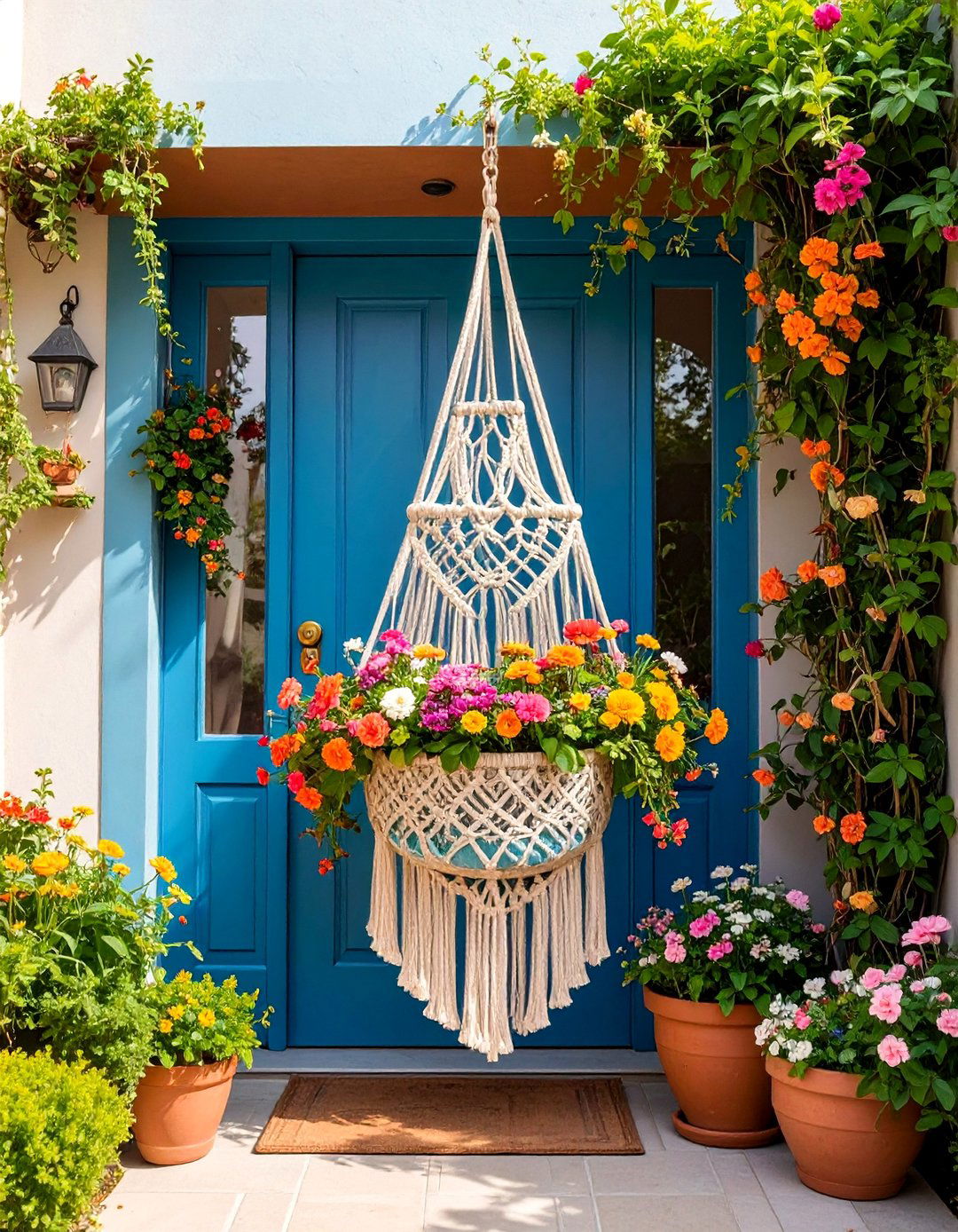 Hanging Macrame Planter with Blooms - 25 Spring Front Door Decor Ideas