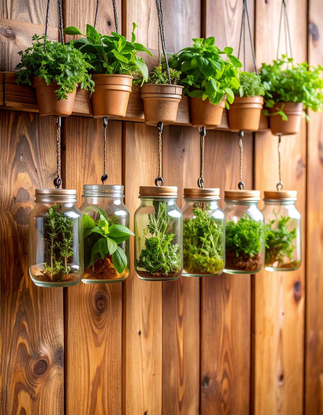 Hanging Mason Jar Herb Wall - 25 Herb Garden Ideas