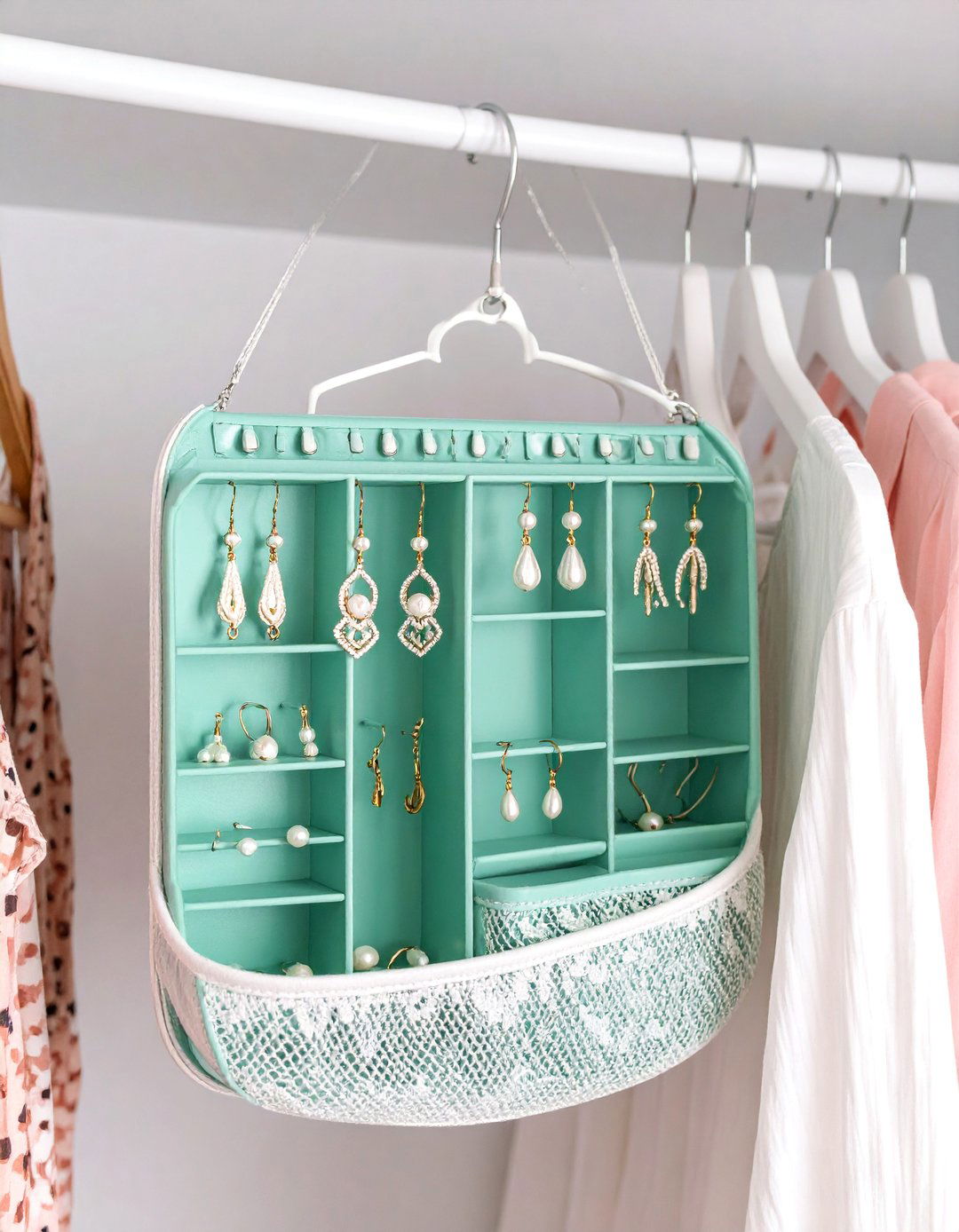 Hanging Mesh Jewelry Organizer - 25 Earring Storage Ideas