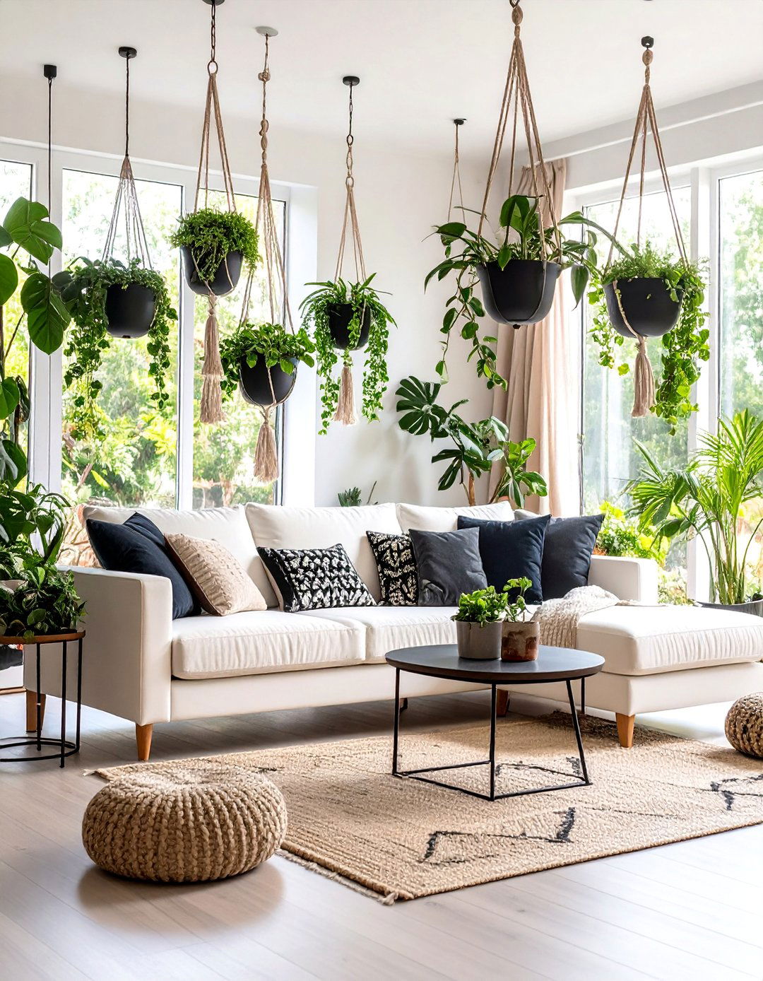 Hanging Plant Haven with Black Planters - 25 Black and White Boho Living Room Ideas