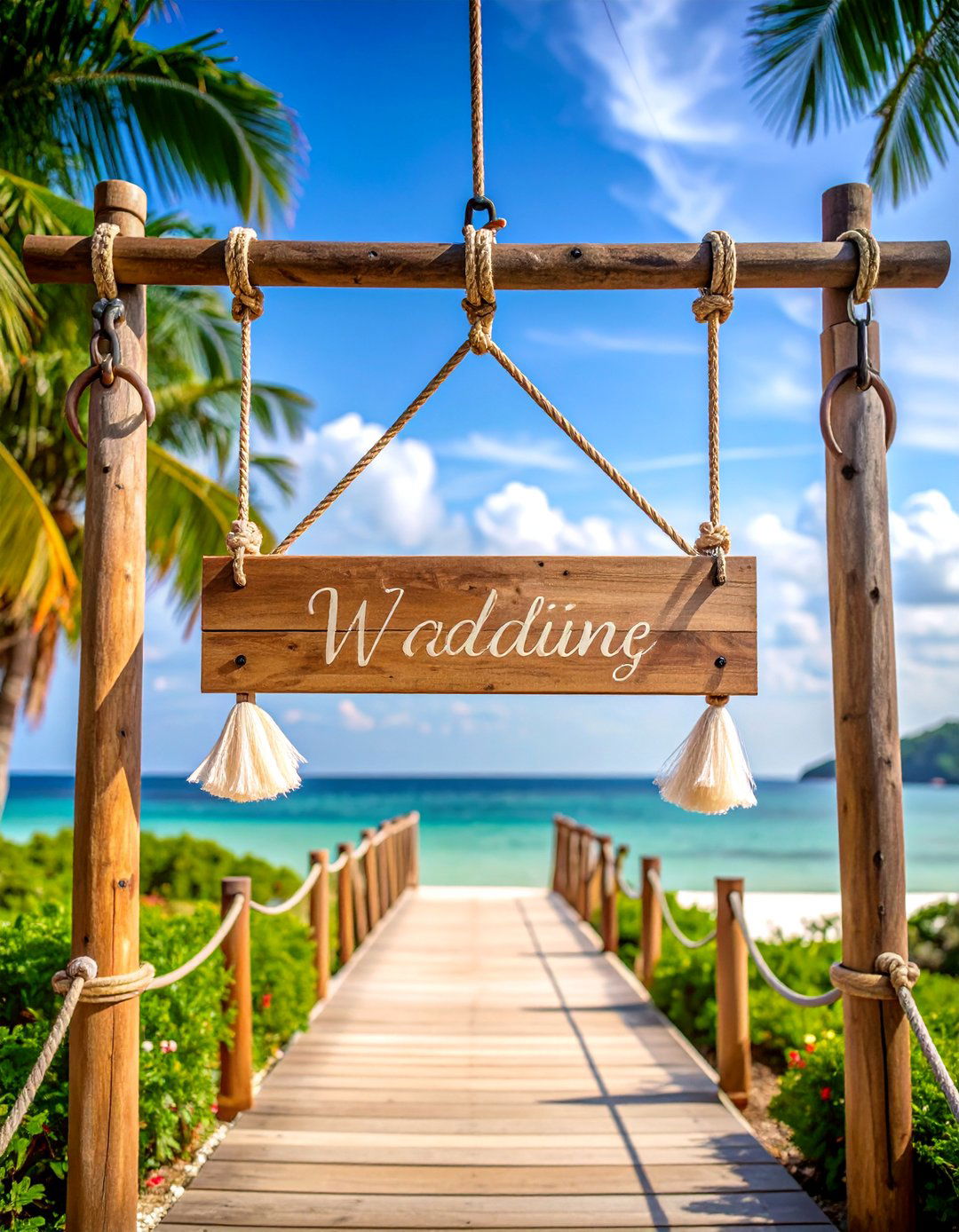 Hanging Wedding Sign with Rope and Pulley System - 25 Wedding Sign Ideas