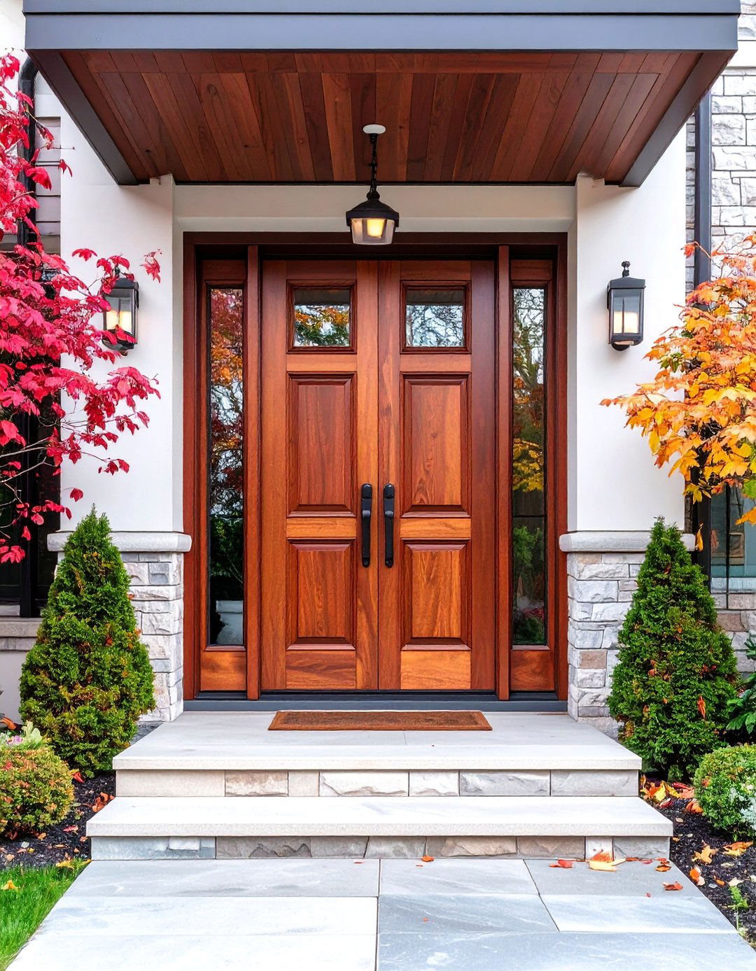 Hardware Matched Cherry Door with Copper Accents - 25 Stained Front Door Ideas