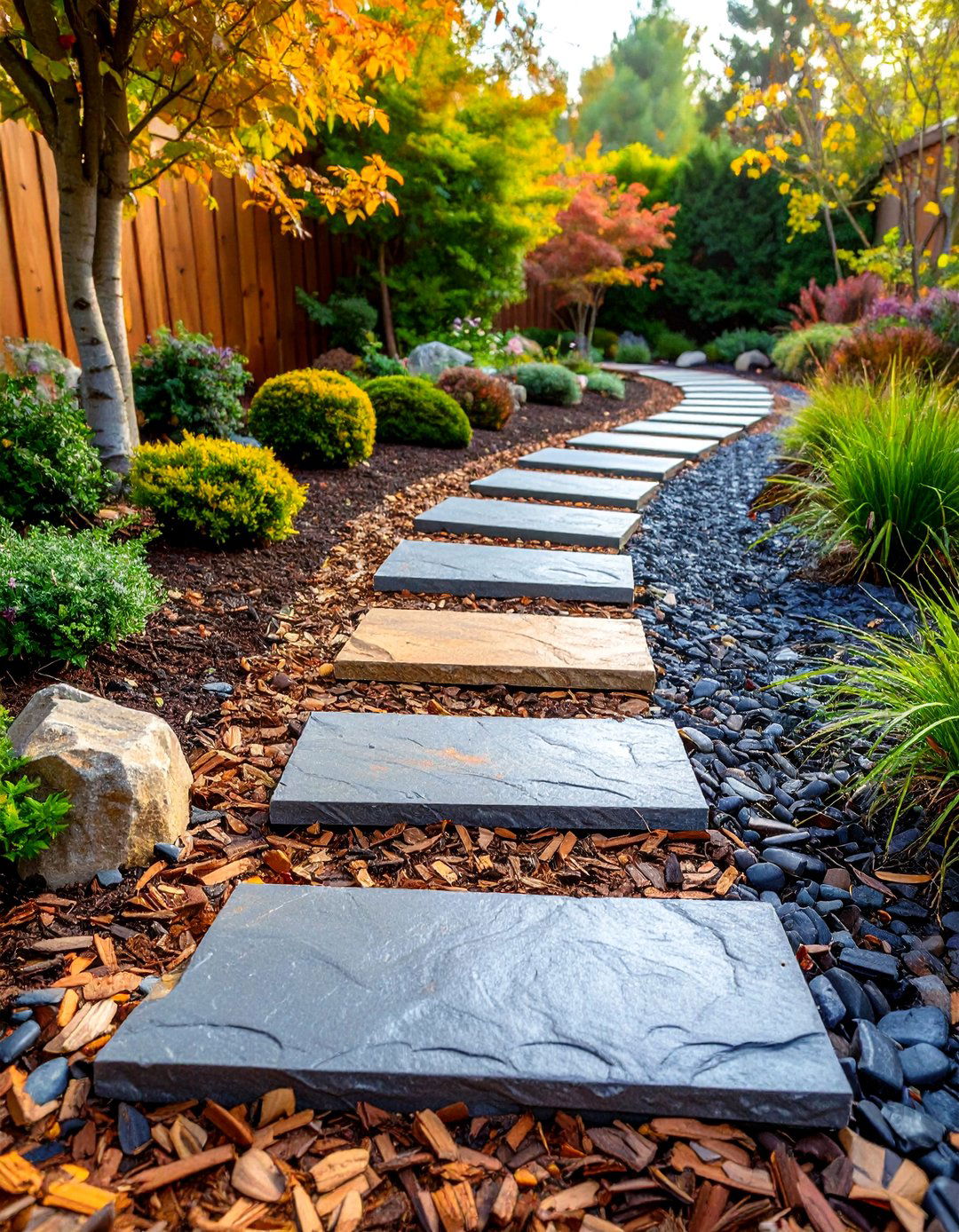 Hardwood Mulch Trail with Stepping Stone Accents - 25 Mulch Pathway Ideas