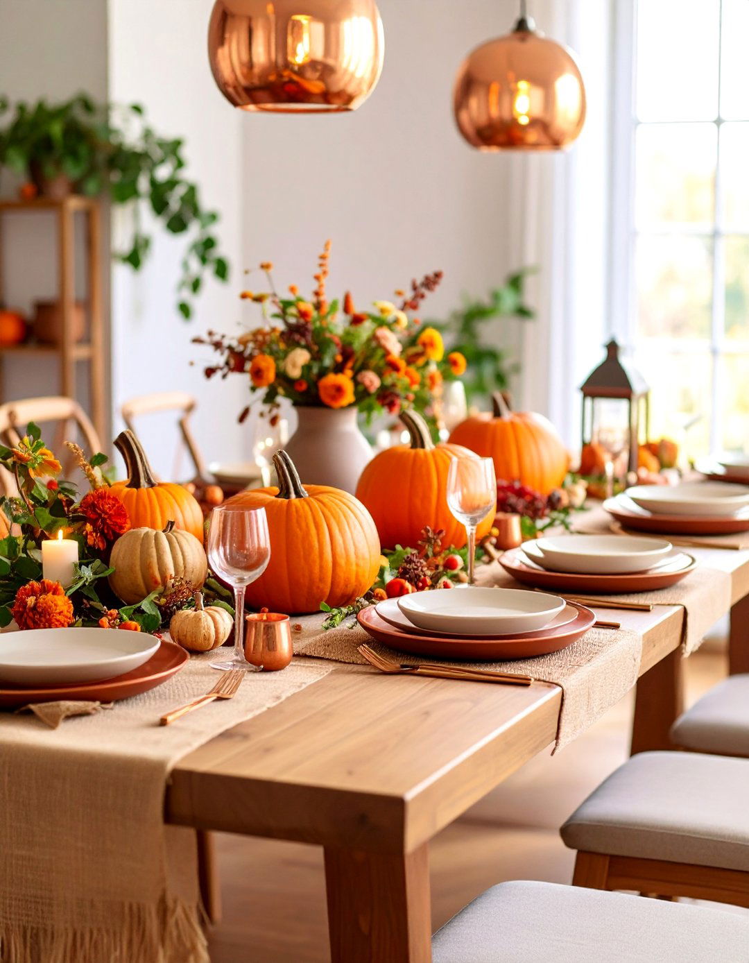 Harvest Moon Table Setting with Copper and Orange Tones - 25 Table Setting Ideas