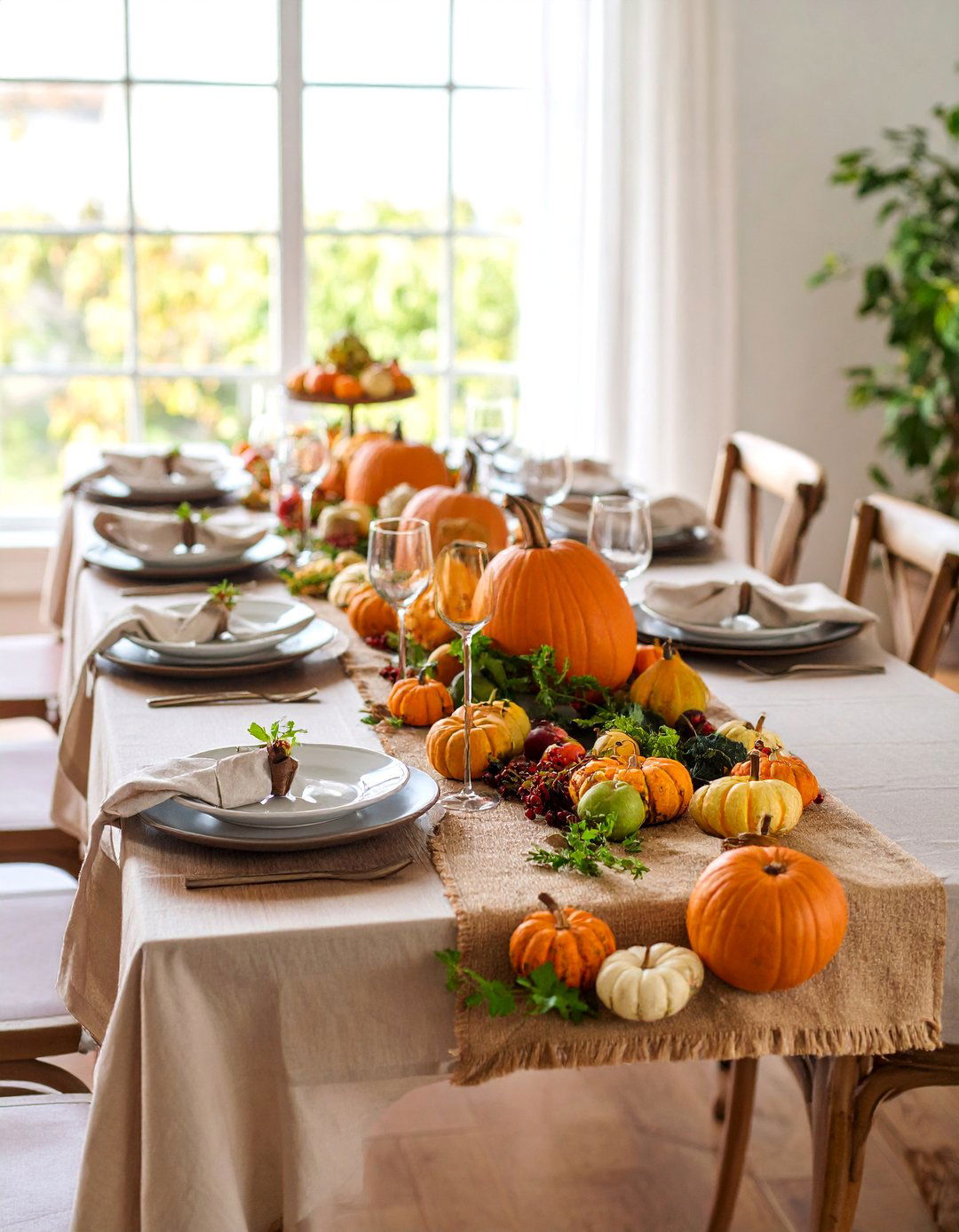 Harvest Table Runner with Mixed Gourds - 25 Thanksgiving Decor Ideas