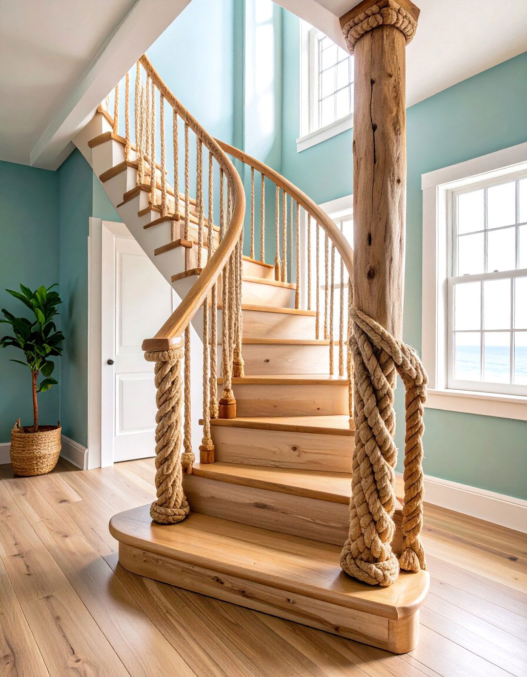 Hemp Rope with Driftwood Posts - 25 Farmhouse Rustic Stair Railing Ideas