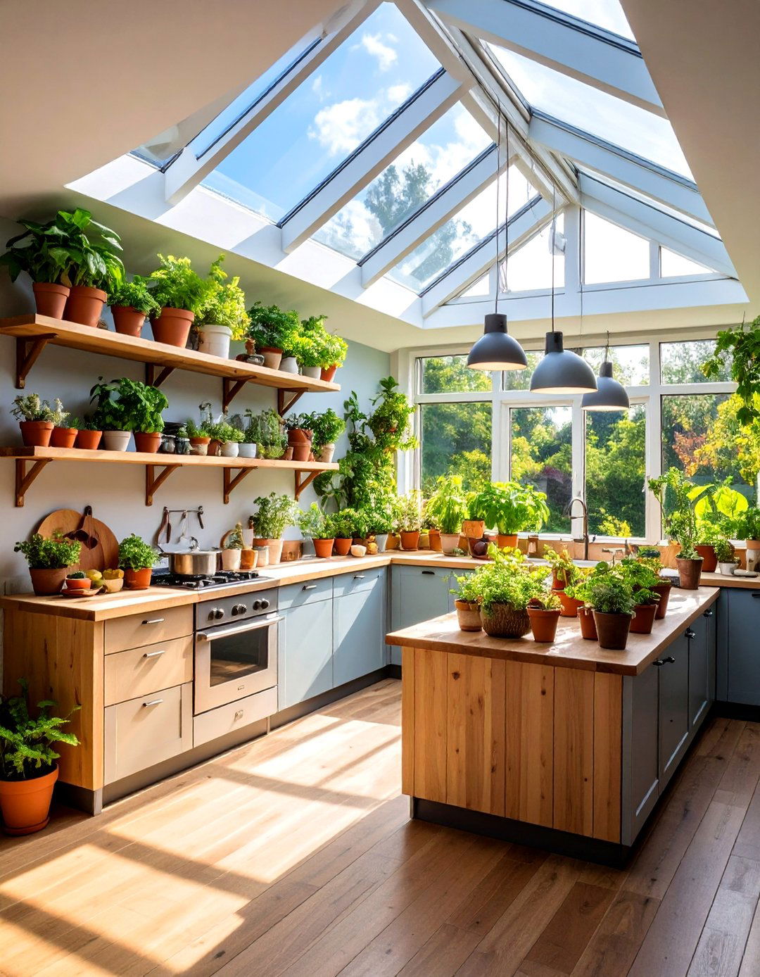 Herb Garden Kitchen with Skylights - 25 Sloped Ceiling Kitchen Ideas