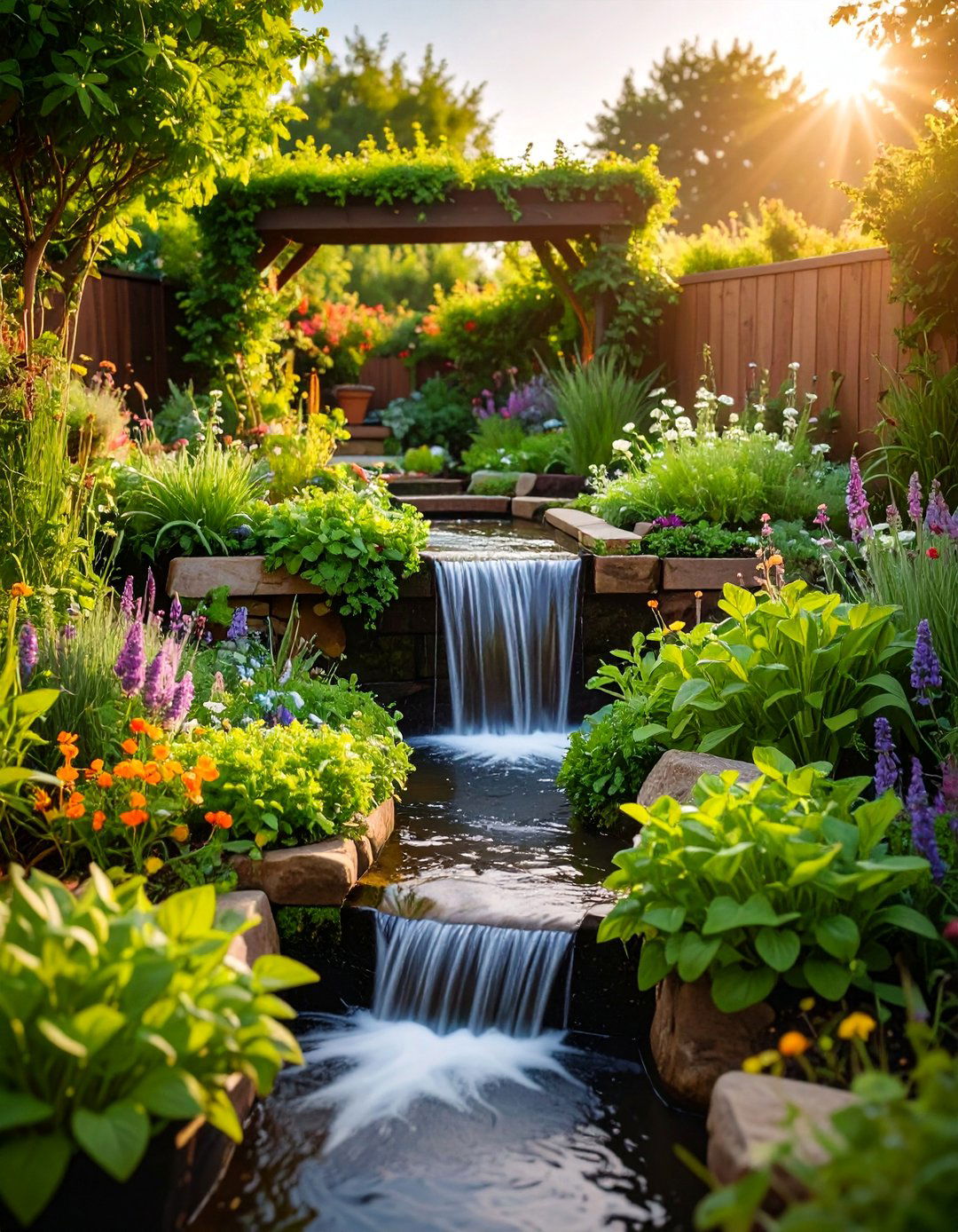 Herb Garden Waterfall with Kitchen Plants - 25 Small Pond Ideas With Waterfalls