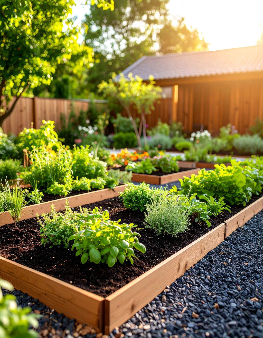 Herb Garden with Black Mulch and Gravel Accents - 25 Black Mulch Landscaping Ideas