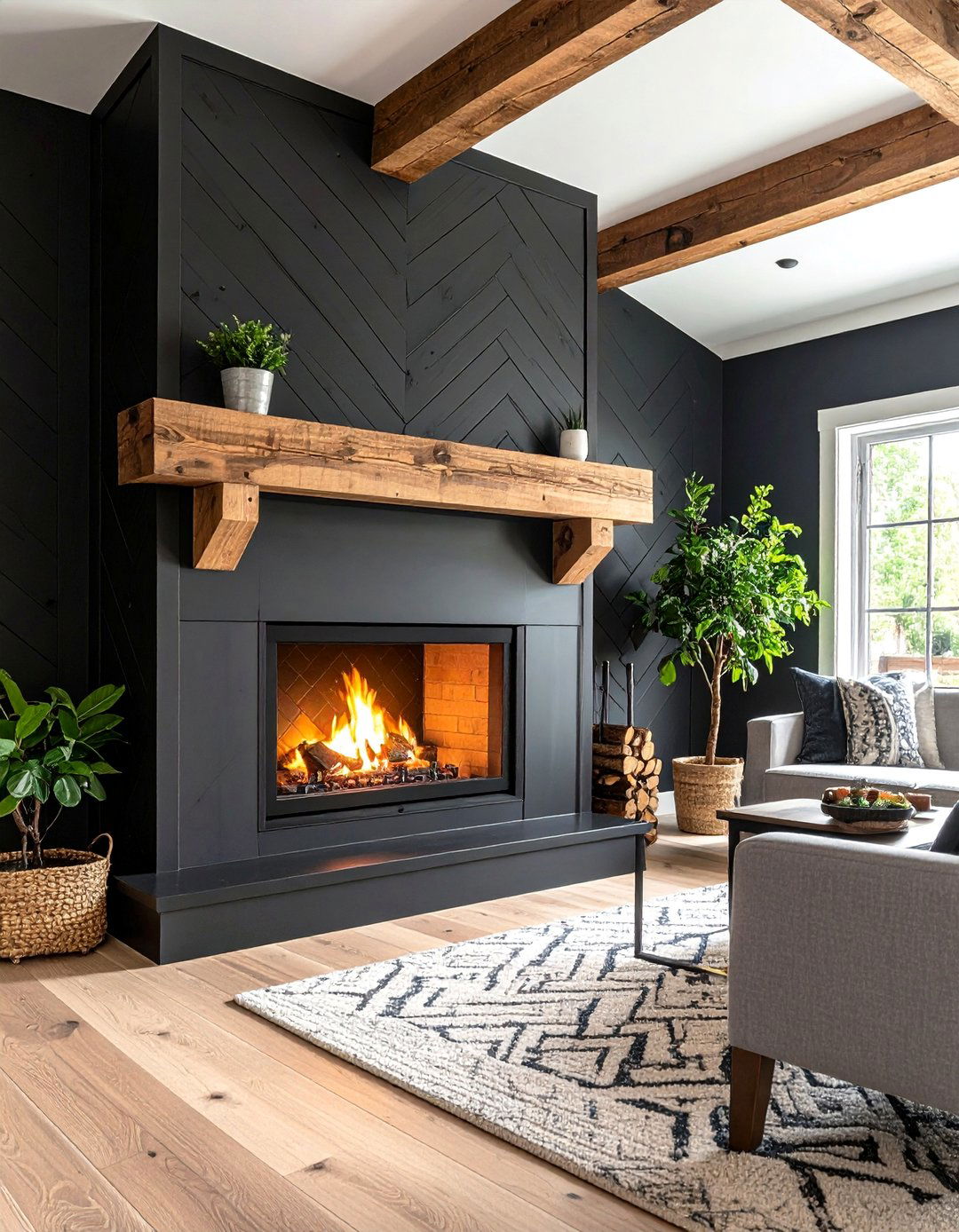 Herringbone Black Shiplap Fireplace with Wood Beam Mantel - 25 Black Shiplap Fireplace Ideas