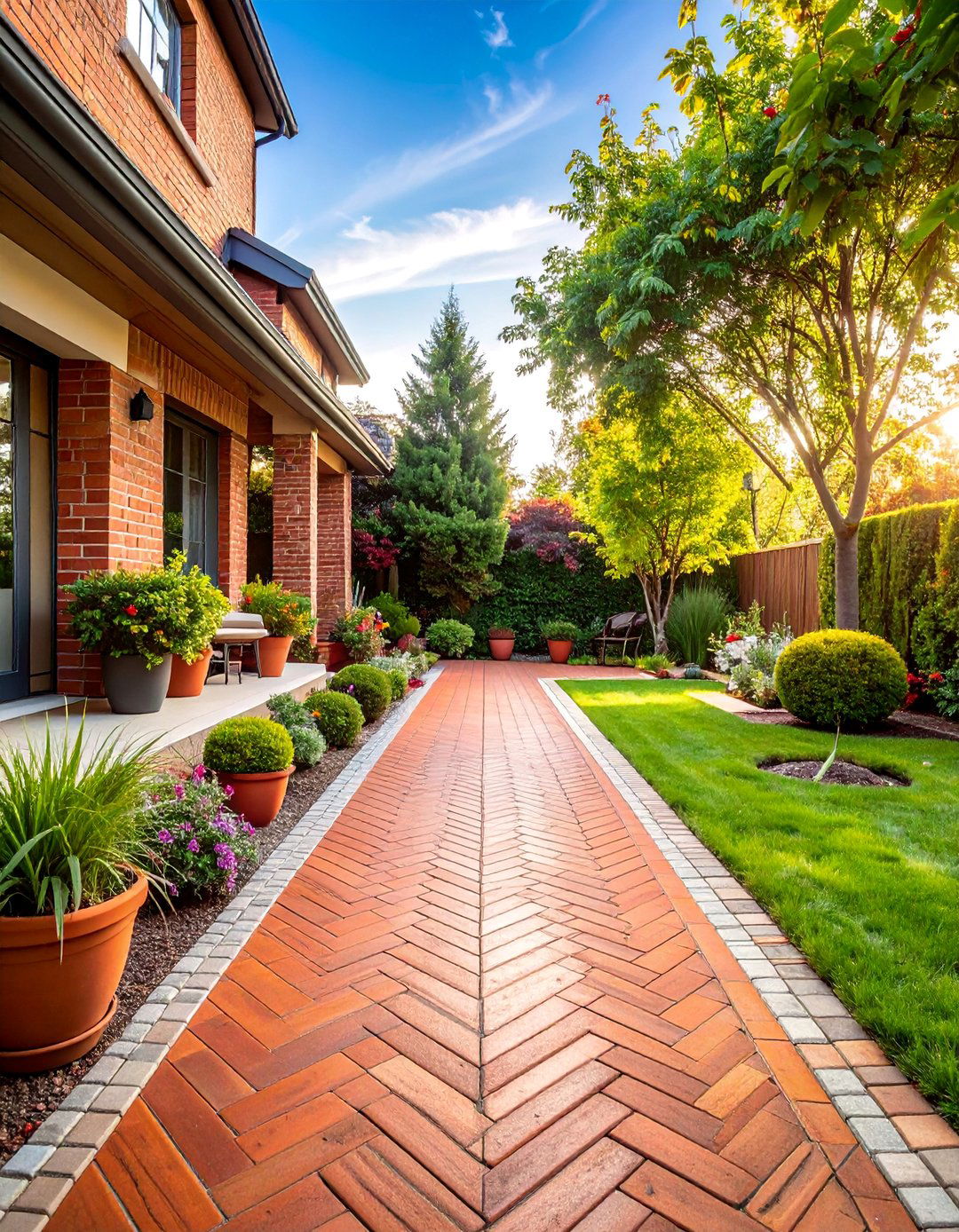 Herringbone Brick Pathway Effect - 25 Painted Concrete Patio Ideas